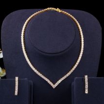 CWWZircons – ensemble de bijoux en zircon cubique très brillant, collier et boucles d&#39;oreilles de fête pour femmes, couleur or jaune, T421