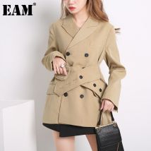[EAM] femmes kaki Double boutonnage Long Blazer revers à manches longues coupe ample veste marée printemps automne 1Z72604