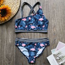 Maillot de bain imprimé flamant rose pour filles, ensemble deux pièces, dos croisé, pour enfants de 3 à 12 ans