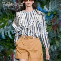 Deuxtwinstyle volants rayé femmes chemises col rond à manches longues Blouses décontractées ample pour femme vêtements