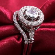 HUITAN luxe 2PC bague de fiançailles ensemble rond coupe cubique-zircon romantique anneaux de mariage pour les femmes