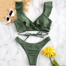 Maillot de bain à paillettes, Bikini pour femmes, ensemble deux pièces, rembourré à volants, taille haute, vêtements pour la plage, collection maillots de bain femmes