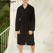 INCERUN Couleur Unie Hommes Peignoirs Homewear Manche Longue Revers Poches Décontracté Chemise De Nuit Peignoirs Vêtements Pour Hommes Avec Ceinture