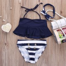 Maillot de bain à rayures pour enfants, ensemble 3 pièces, bleu marine, à la