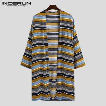 INCERUN hommes rayé chemise point ouvert Streetwear à manches longues Vintage Cardigan décontracté Long Style hauts automne hommes vêtements d'extérieur