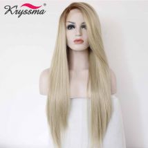 Perruque synthétique Lace Front Wig Blonde lisse | Perruque Ombre longue pour femmes, racines brunes, perruque Blonde légère, perruque en Fiber résistante à la chaleur de 22 pouces
