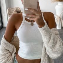 Noir blanc côtelé débardeur hauts été tricot Fitness gilet court bonbons tricoté hors épaule Sexy nombril nu hauts courts hauts WDC4943