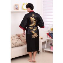 Longue Robe noire brodée Double face Dragon pour homme, Kimono en Satin de soie, peignoir réversible