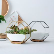 Pot de fleurs en céramique | Étagère métallique géométrique, céramique blanche, Pot de planteur octogonal géométrique mural, Pot de fleurs en céramique, plateau en bambou, cadre de fer