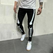 Jean rayé blanc Hio Hop imprimé squelette Jean motard maigre Cowboy décontracté noir Slim Fit Denim pantalon pour hommes genou trou