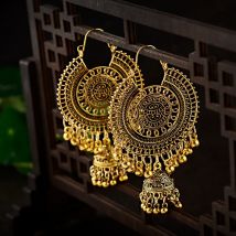 Boucles d&#39;oreilles pendantes traditionnelles indiennes en or pour femmes, grandes boucles d&#39;oreilles rondes gitanes Jhumka Jhumki