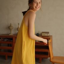 Nouvelle robe de nuit en coton et lin de style japonais pour femmes jaune gingembre pyjama tartan femmes, robe ample décontracté, vêtements de maison