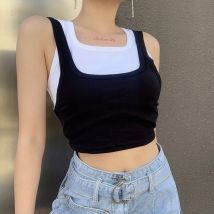 nouvelle Tenue De Femme Couches Contraste Couleur Faux Deux Pièces Femmes Gilet D'été Vêtements Chauds Slim T-Shirt Sans Manches
