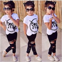 enfants filles vêtements ensemble bébé fille été à manches courtes imprimé T-Shirt + trou pantalon Leggings 2 pièces tenue enfants vêtements ensemble