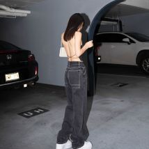 Jean lavé rétro taille haute droite salopette mince longue ample jambe large jean femmes sexy taille haute jean