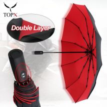 Parapluie automatique en tissu Double, résistant au vent, pluie pour hommes et femmes, 10 nervures, pliant, grand, Parasol