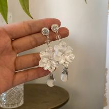 Boucles d&#39;oreilles à Clip en cristal, fleur de coquille blanche française longue sans trou Simple rétro camélia fleur Clip sur boucles d&#39;oreilles sans Piercing