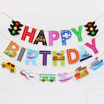 Drapeaux de Transport pour fête à thème pour enfants, banderole de joyeux anniversaire, Transport de voiture, avion, guirlandes décoratives pour anniversaire