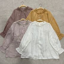 Johnature – chemise en lin à col rabattu pour femmes, ample, Vintage, couleur unie, manches à volants,