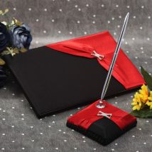 Livre d'or et stylo pour mariage noir, avec rubans rouges et strass