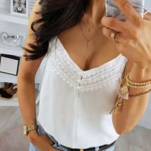 Femmes été haut décontracté sans manches blanc t-shirt lâche débardeur dames gilet femme Floral dentelle cou bouton femme camisa feminina