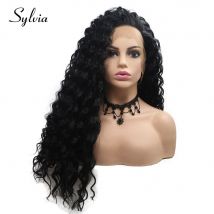 Perruque Lace Front wig synthétique bouclée noire naturelle-Sylvia 1b | Perruque longue noire résistante à la chaleur, perruque sans raie pour femme