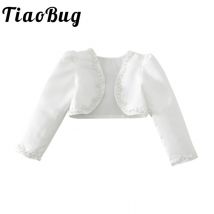 Veste en Satin blanc pour filles, Adorable, boléro en perles, manches longues, Cardigan court, robe portefeuille, pour concours, de mariage