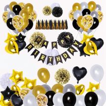90 pièces noir et or ballons Kit de décoration, joyeux anniversaire bannière étoile coeur feuille ballons pour la fête d'anniversaire