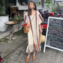 SuperAen rétro col en v ourlet ample gland cheville-longueur demi robes pour les femmes