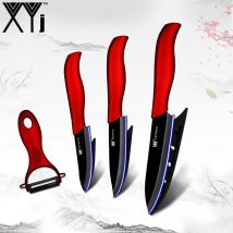 XYj couteaux de cuisine en céramique | Couteau à trancher utilitaire 3 4 5 pouces + éplucheur en céramique, lame noire, couteaux à manche ondulé