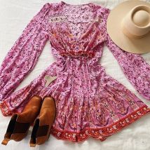 Robe d'été à manches longues et col en v pour femmes, style bohème,