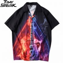Hip Hop chemise Streetwear hommes hawaïen chemise feu flamme guitare imprimer Harajuku plage chemise HipHop chemises été manches courtes
