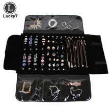 Portable noir velours bijoux rouleau sac de rangement anneau pendentif pliant voyage organisateur boucles d'oreilles boîte sac à fermeture éclair