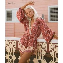 Supcer Chic bohème fleuri combishort pour femmes à manches longues réglable cravate taille barboteuses femmes combinaison shorts été gitane