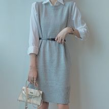 Coréen gilet pull intellectuel OL col rond mi-long pull sans manches robe ample fendu pull vêtements pour femmes
