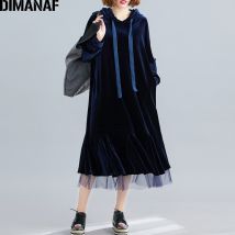 DIMANAF grande taille femmes robe automne hiver velours à capuche dame Vestidos épissé maille femme vêtements décontracté robe ample