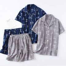 Hommes 100% coton à manches courtes vêtements de nuit costume été froissé tissu pyjamas hommes en vrac et loisirs grande taille hommes crêpe Pyjama