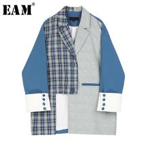 EAM-veste grande taille pour femme, veste grande taille avec fente à carreaux, bleu, à manches longues, ample, à la printemps automne , 1S347