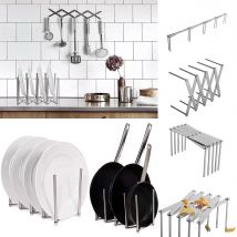 Organisateur d'ustensiles de cuisine multifonction, Pot support de couvercle extensible en acier inoxydable porte-assiettes cuillère réglable étagère de plateau