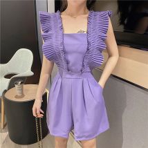 Combishort femme été taille haute décontractée jambe large Shorts ample plissé volants solide combinaison pantalon combishorts ML894