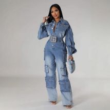 Vêtements pour femmes Salopette Combinaison en jean délavé Combinaison Pantalon large à poches multiples