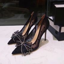 Chaussures pour femmes, talons hauts pour femmes, talons aiguilles, maille polyvalente avec nœud, escarpins à bout pointu en dentelle, chaussures de mariage pour femmes
