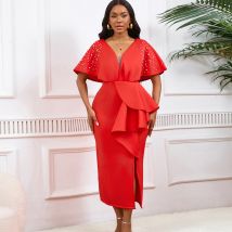 Robe de soirée sexy à volants et fente perlée pour femme, grande taille, tenue d'été sexy à col en V, robe de banquet de tempérament de célébrité