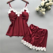 Femmes Sexy dentelle Lingerie vêtements de nuit en satin de soie pamas sous-vêtements nuisette vêtements de nuit courts 2 pièces ensemble