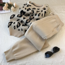 Women's Leopard print pullover long sleeve sweater+simple pants suit