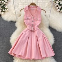 Jupe en jean à col licou et taille courte, petite robe trapèze bouffante plissée