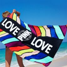 Serviette de plage en pur coton | Motif velours rose avec amour | Anti-boulochage, lavable en machine, pour la piscine, la plage et la maison