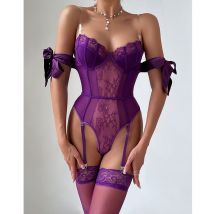 Body moulant sexy violet pour femme avec nœud et bretelles en soie, ensemble de lingerie sexy avec bas