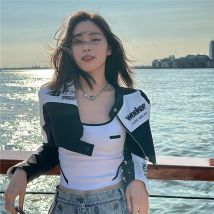 Rapcopter Motorcycle Style Contrasting Color Printed Jacket With Women's Zipper, Half High Neck, Short And Handsome Hot