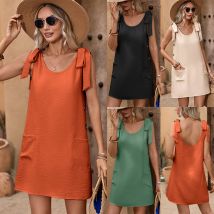 Femmes col rond tenue décontracté sans manches robe débardeur embelli boucle robe sans manches courte dames